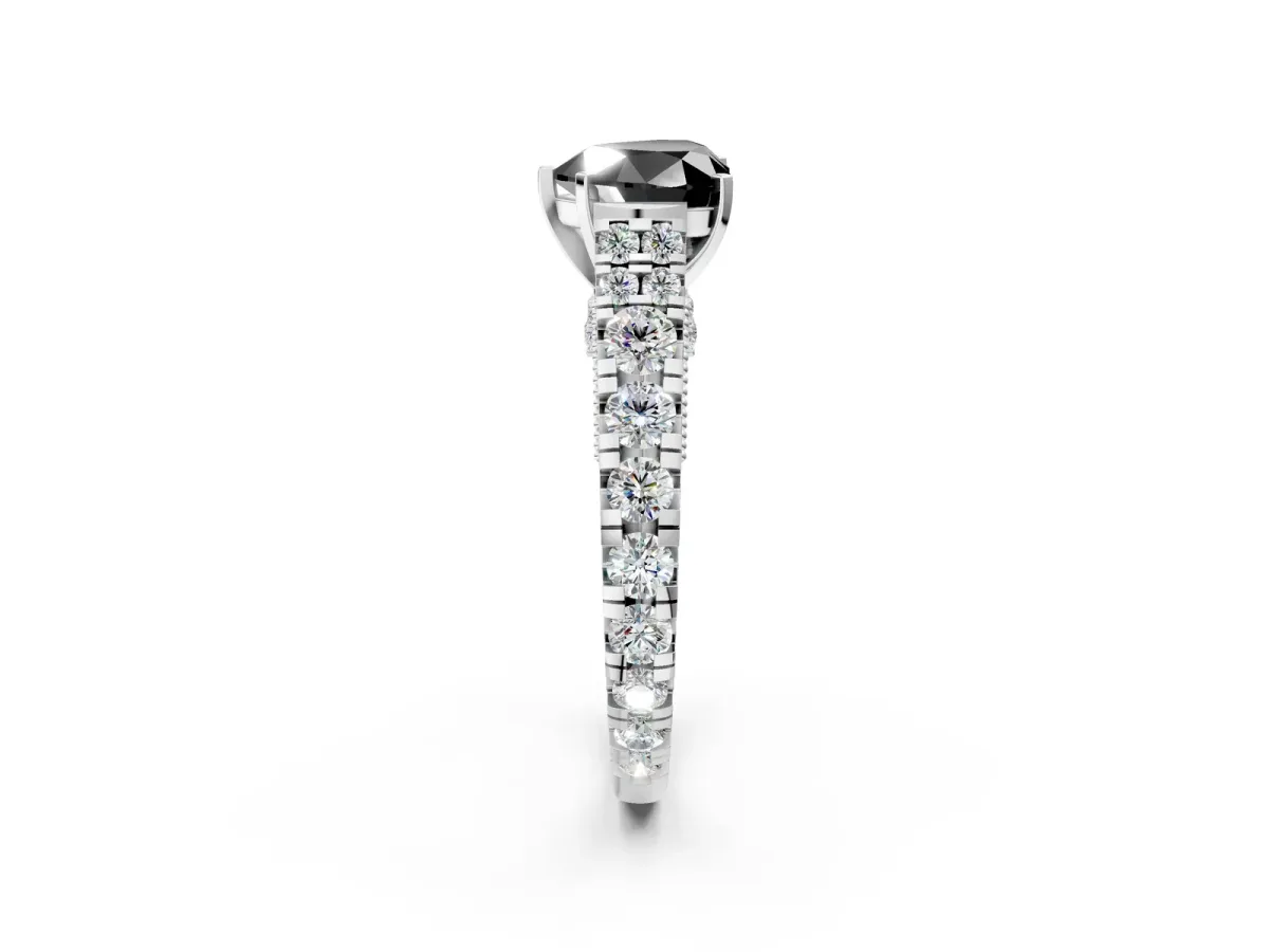 Fancy Black Heart Cut Diamond Classic Solitaire Ring with Pavé Band and Four-Prong Setting Silver