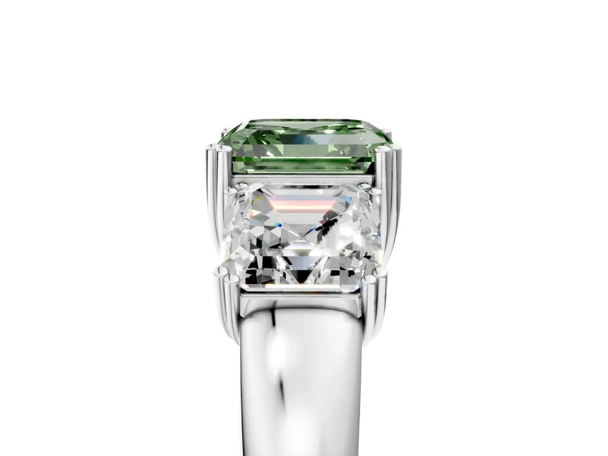Fancy Green Three-Stone Asscher Cut Cut Diamond Ring with Channel Set Band and Four-Prong Setting Silver