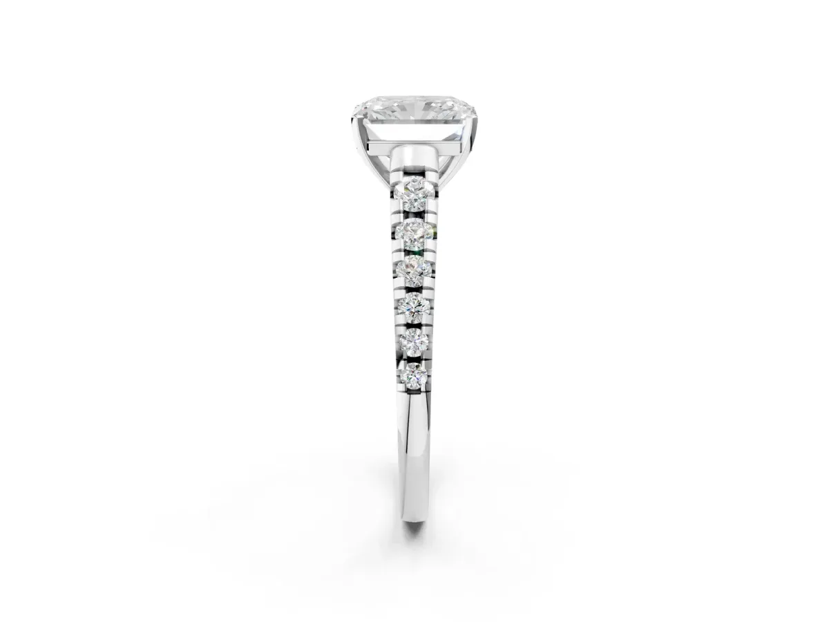 Radiant Cut Diamond Cathedral Solitaire Ring with Round Moissanite Pavé Band Silver