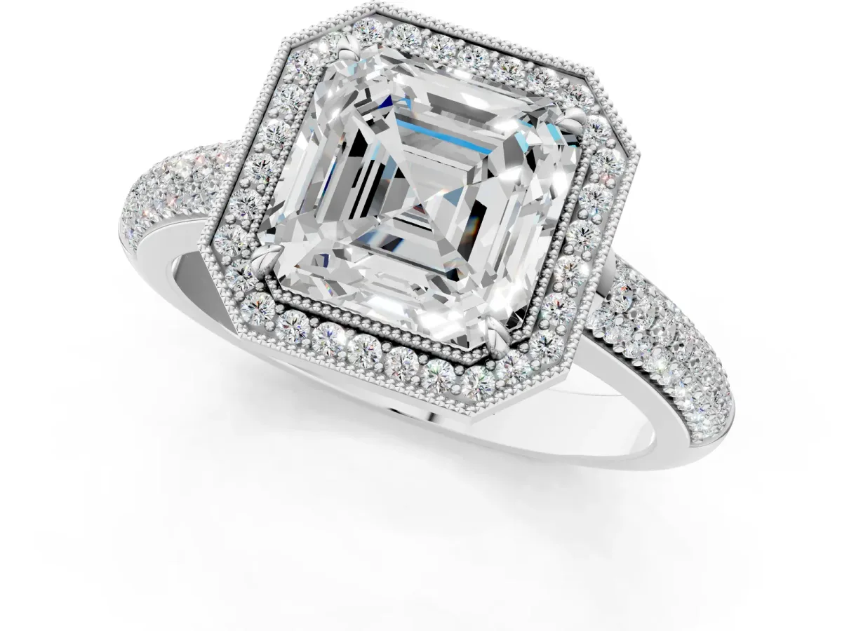 Asscher Cut Cut Halo Diamond Pave Band with Four-Prong Setting Platinum