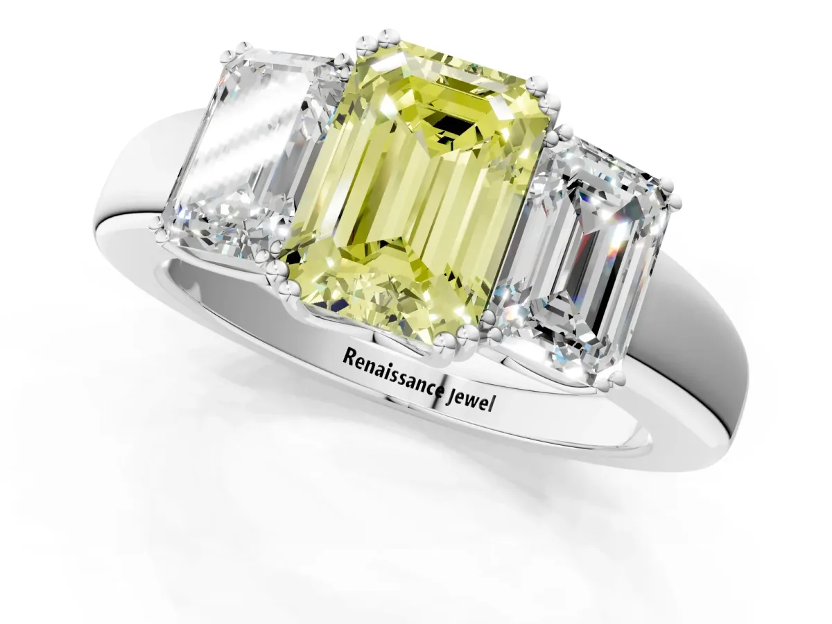 Fancy Yellow Three-Stone Emerald Cut Cut Diamond Ring with Channel Set Band and Four-Prong Setting Silver