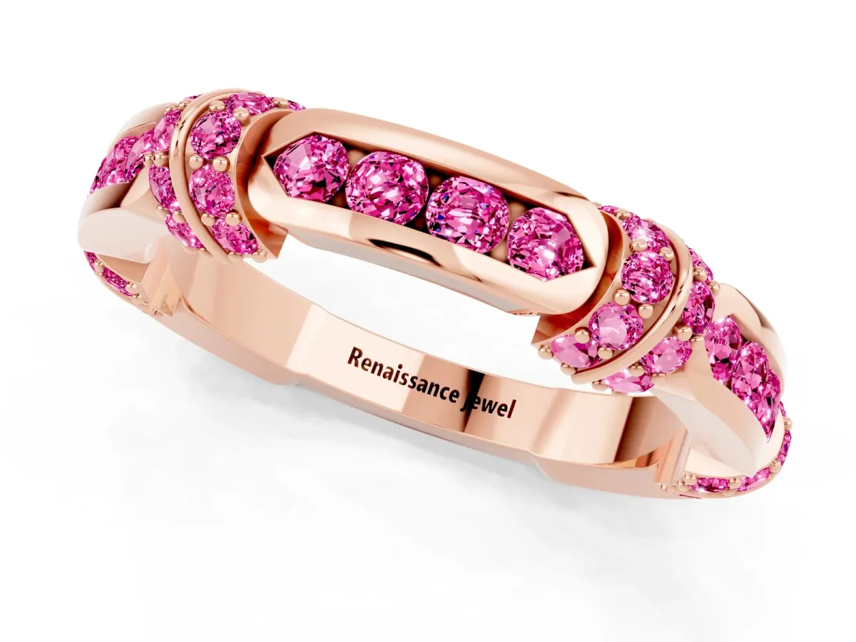 Pavé Round Pink Sapphire Link Band with Bezel Setting Rose gold