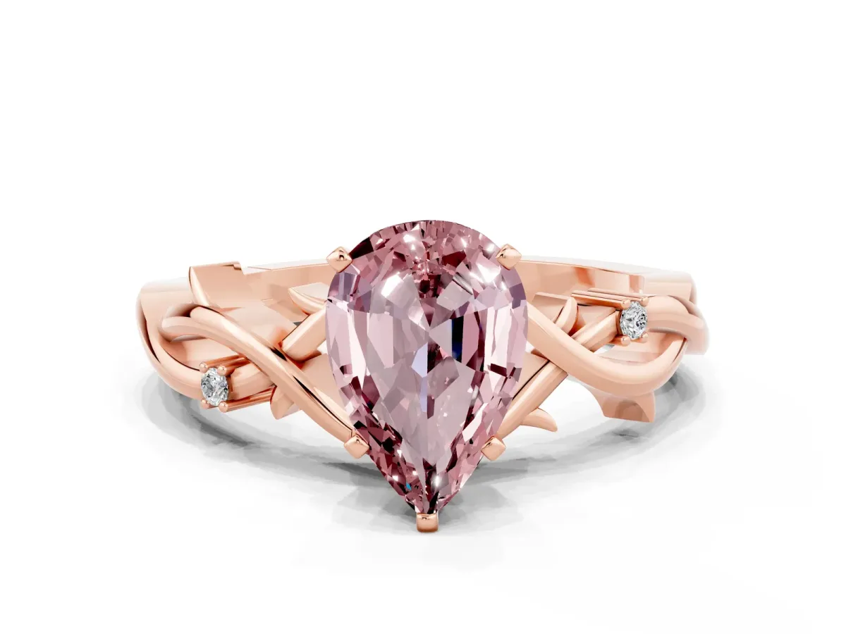 Pear Cut Morganite Solitaire Ring with Twisted Band and Prong Setting Rose gold