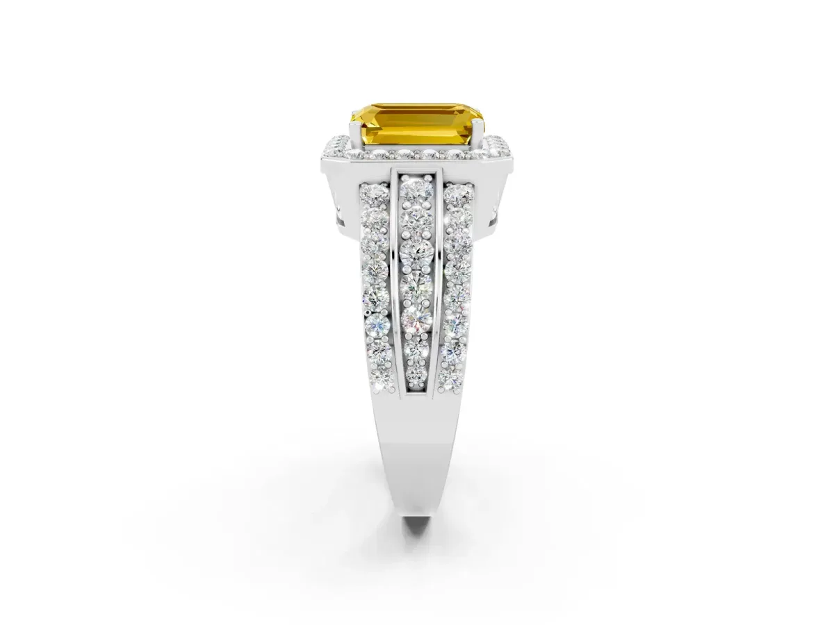 Emerald Cut Halo Yellow Sapphire Ring with Round Split Shank and Prong Setting Silver