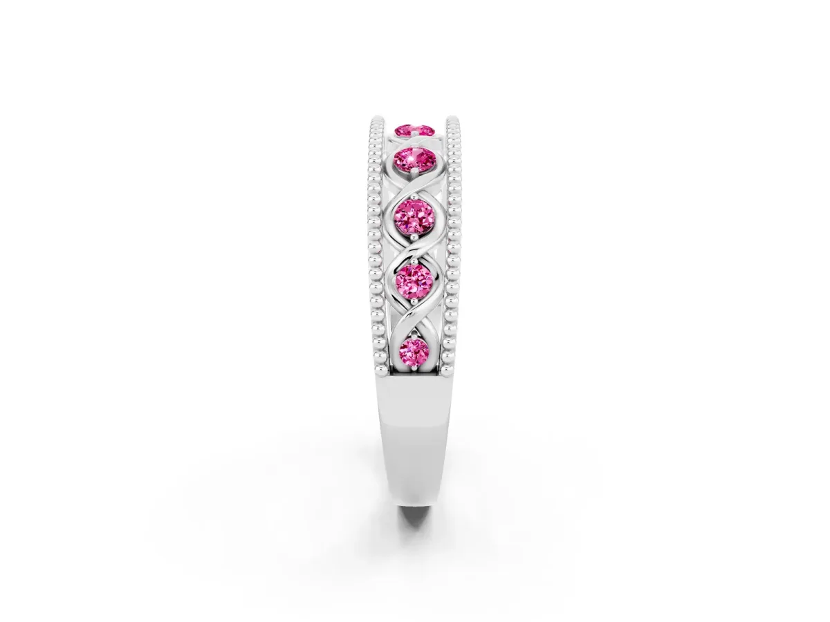 Round Pink Sapphire Twist Milgrain Band with Bezel Setting Silver