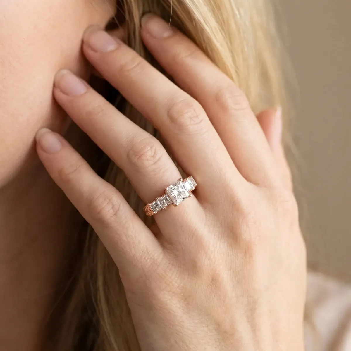 Pear Cut Solitaire Princess Side Stone Engraved Band Prong Setting Ring Rose gold