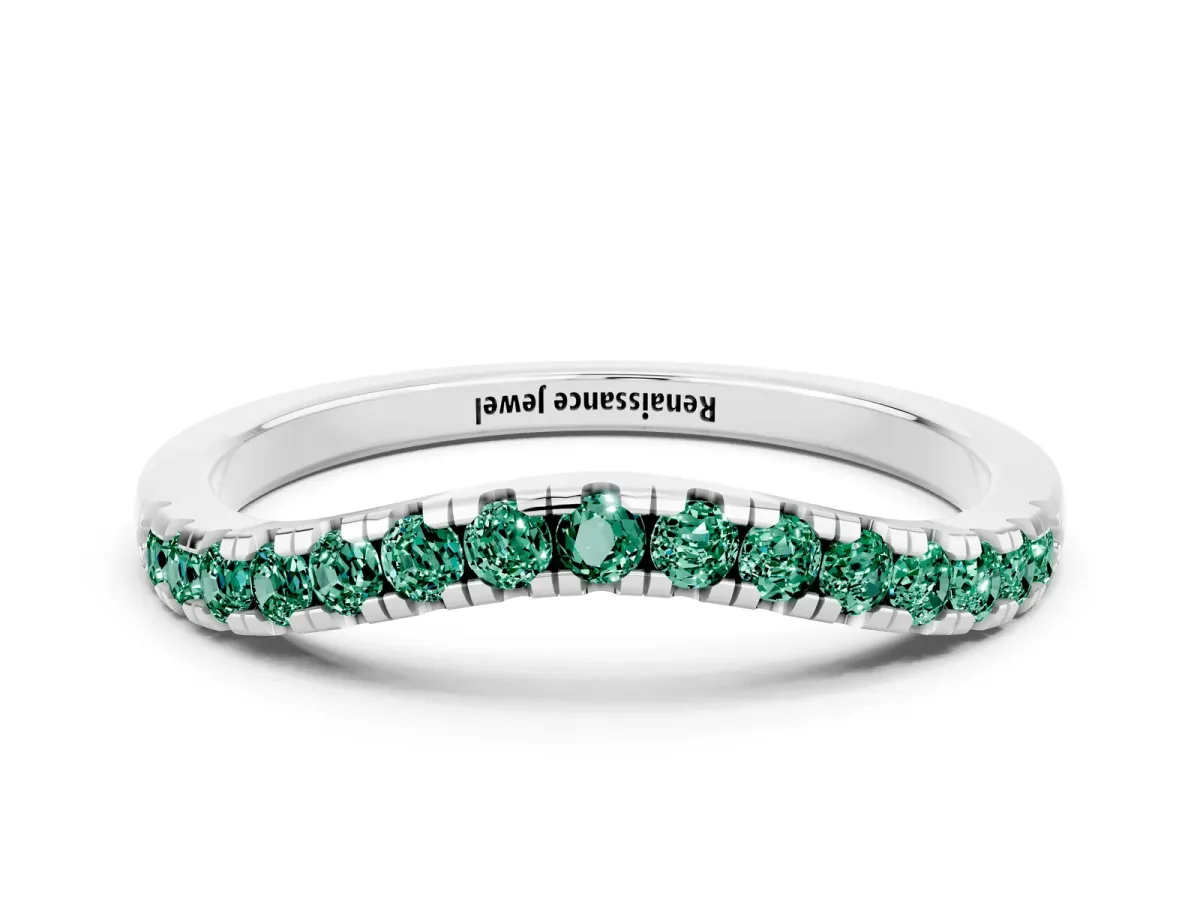 Green Sapphire Pavé Curved Wedding Band Platinum