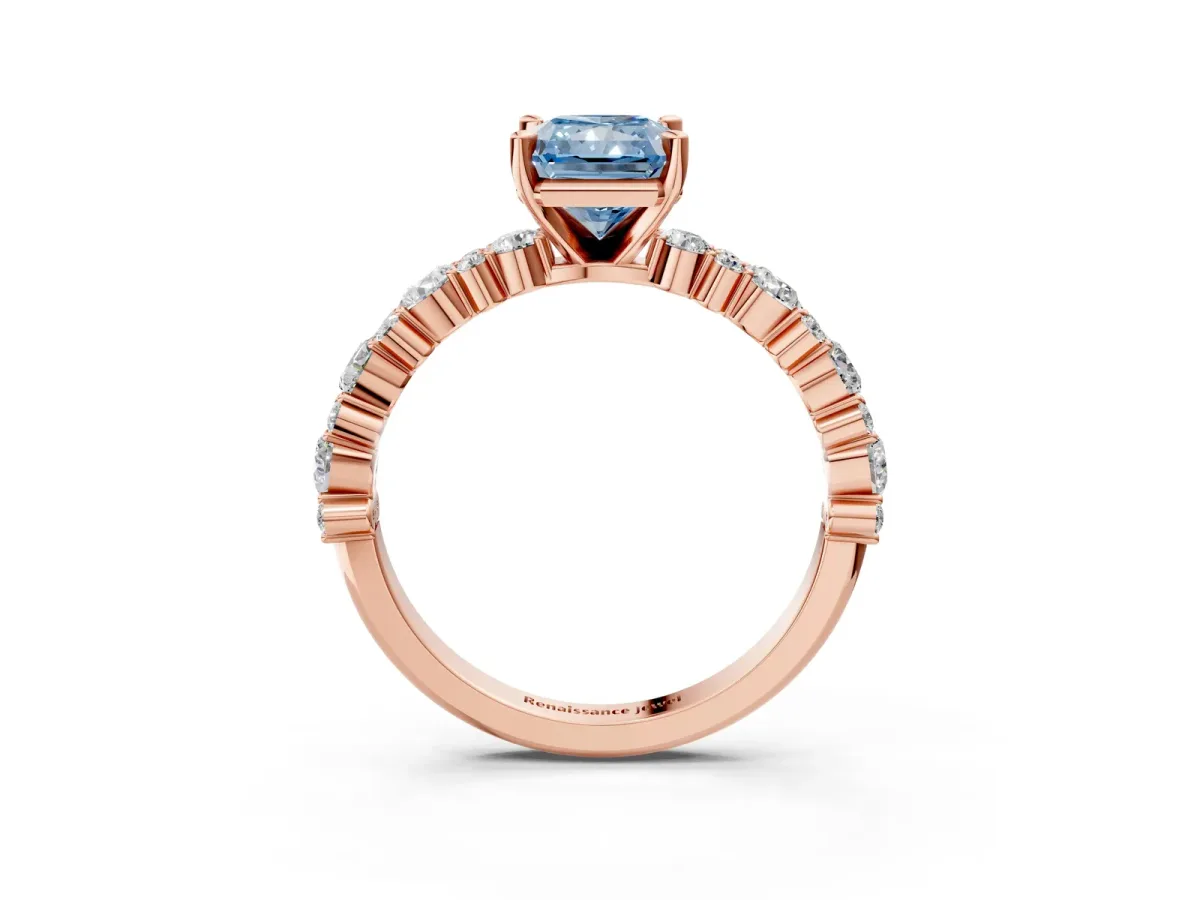 Fancy Blue Radiant Cut Diamond Side Stone Solitaire Ring with Round and Four-Prong Setting Rose gold