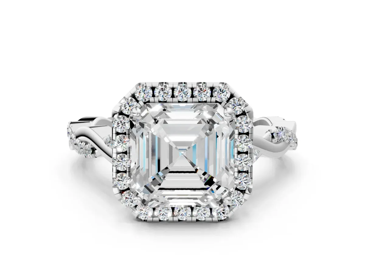 Asscher Cut Halo Twist Band Solitaire Ring Platinum