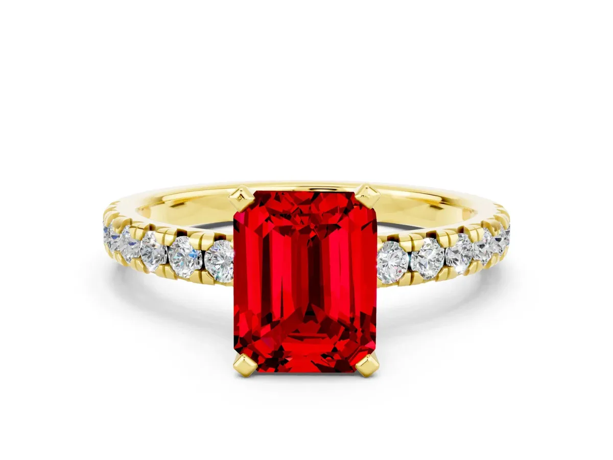 Emerald Cut Ruby Solitaire Pavé Engagement Ring with Round Band and Prong Setting Yellow gold