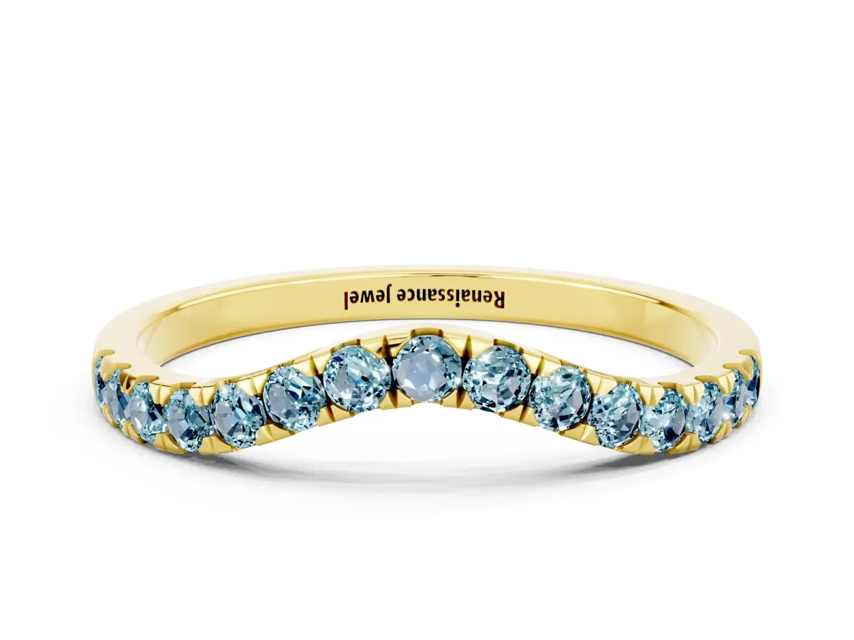 Curved Pavé Round Aquamarine Wedding Band with Shared Prong Setting Yellow gold