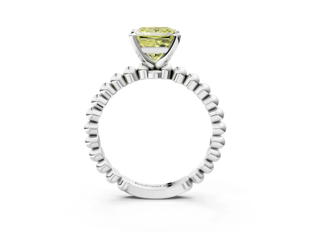Fancy Yellow Princess Cut Diamond Solitaire Ring with Beaded Band and Prong Setting Silver