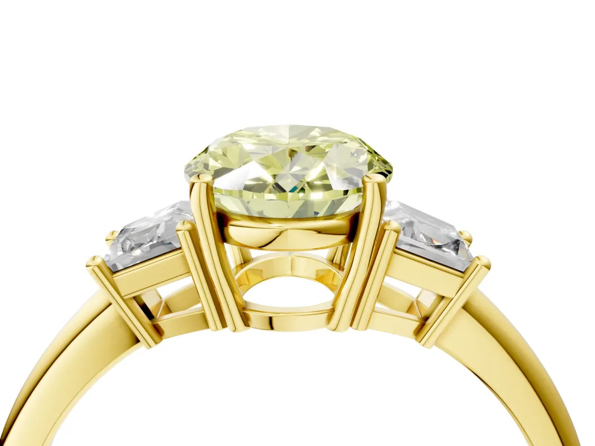 Fancy Yellow Oval Cut Diamond Three-Stone Ring with Trapezoid Side Stones and Prong Setting Yellow gold