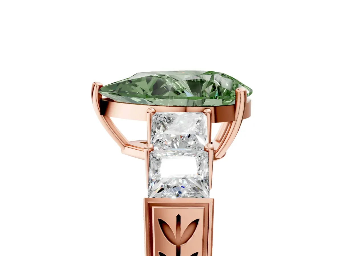 Fancy Green Pear Cut Solitaire Princess Side Stone Engraved Band Prong Setting Ring Rose gold