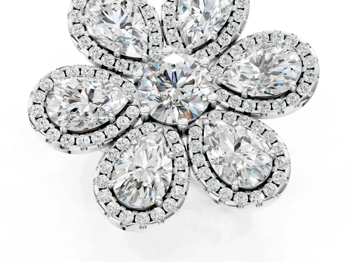 Pear Diamond Floral Promise Ring with Round Diamond Center Silver