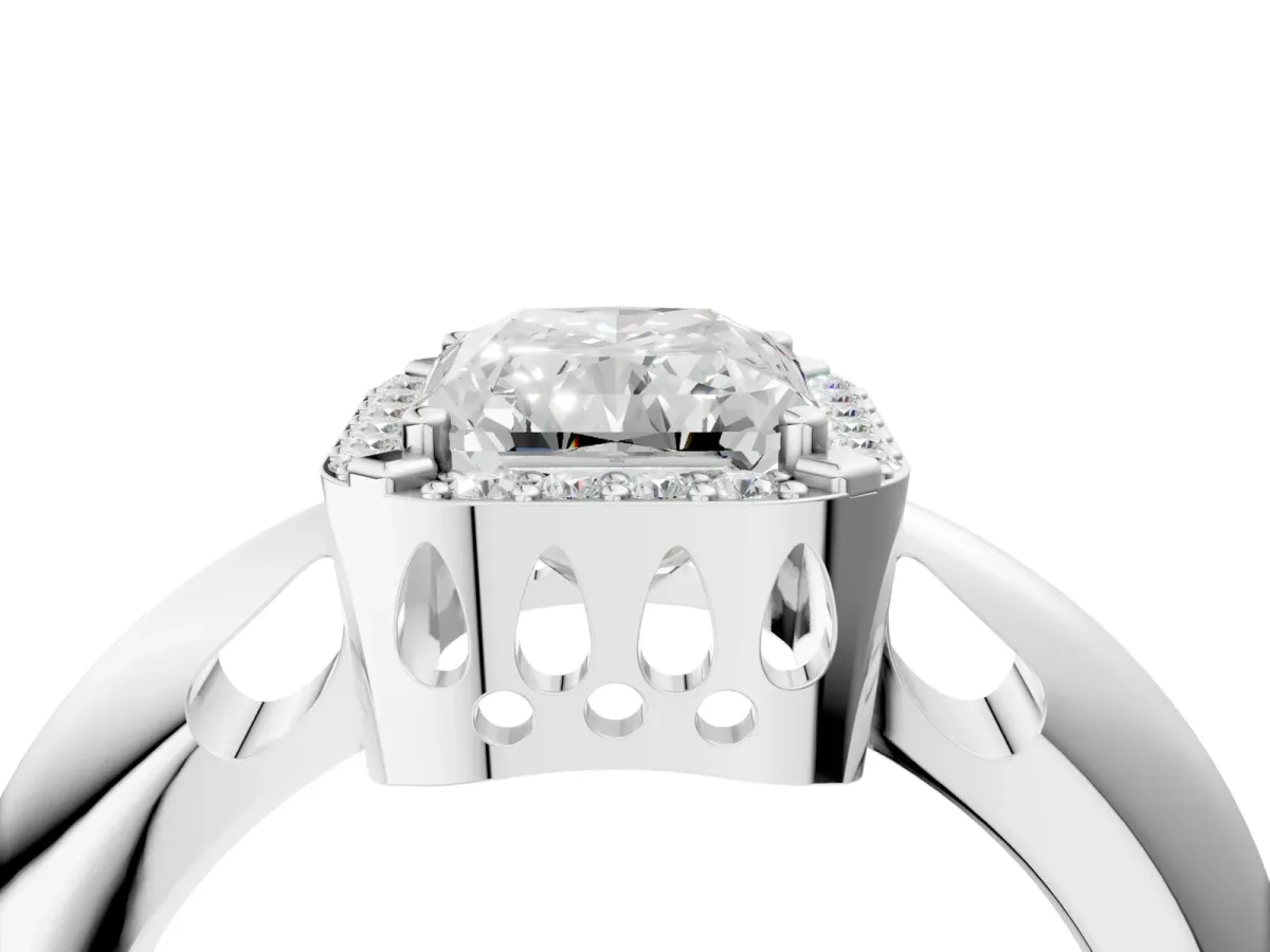 Radiant Cut Cut Diamond Halo Engagement Ring with Split Shank and Four-Prong Setting Platinum