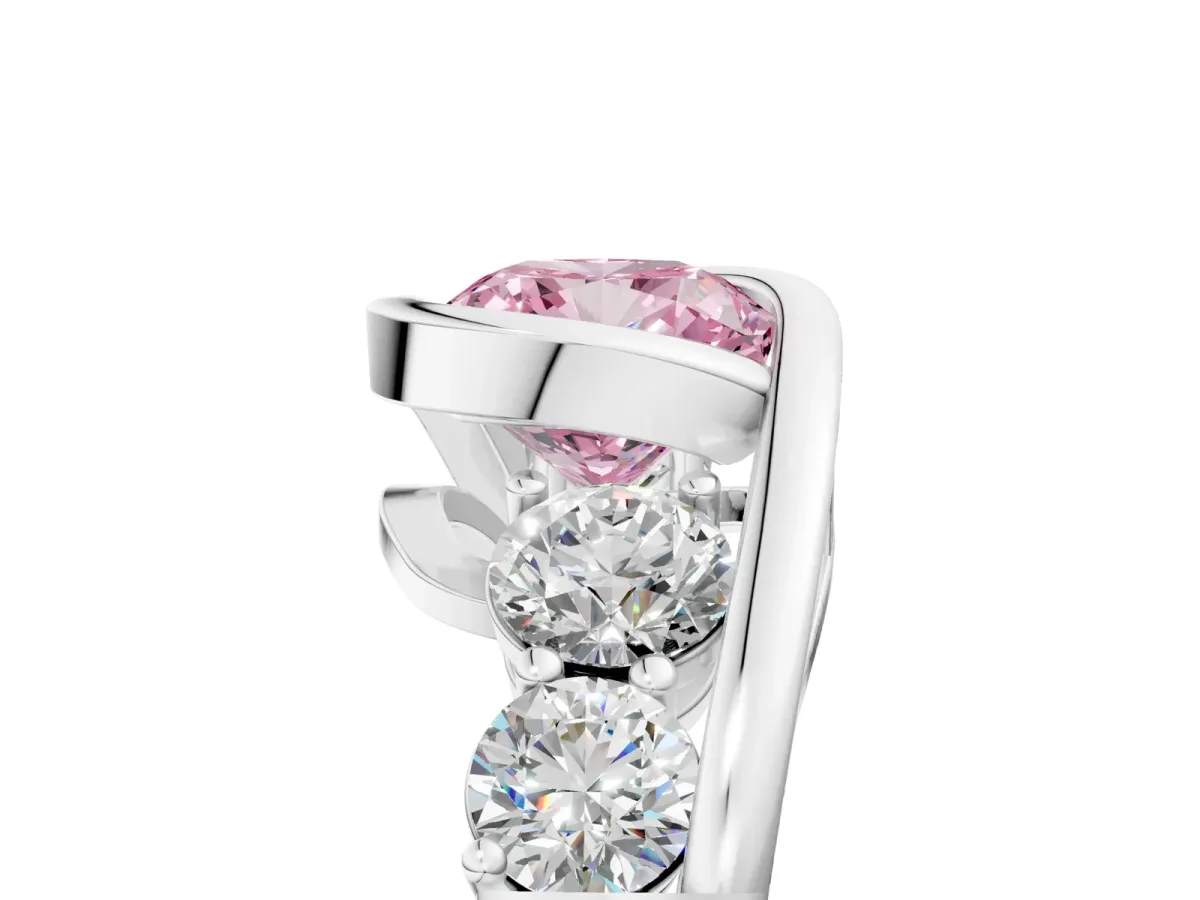 Fancy Pink Bezel Set Cushion Cut Diamond Bypass Ring with Round Accents Silver