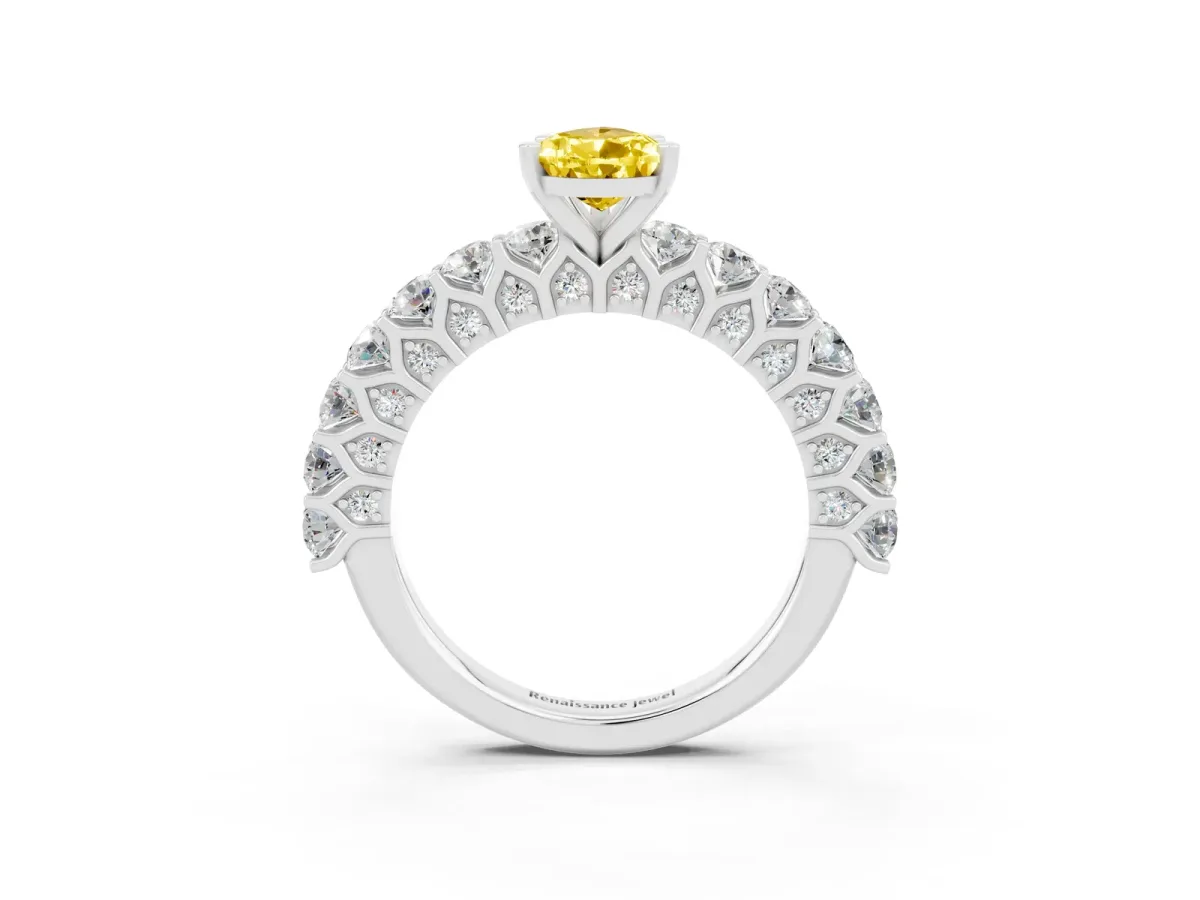 Pear Cut Yellow Sapphire Solitaire Ring with Shared Prong Pavé Band and Four-Prong Setting Silver
