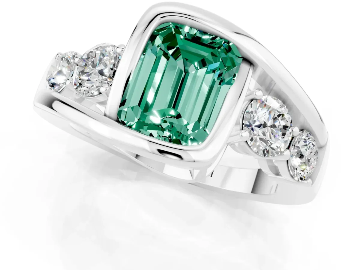 Bezel Set Emerald Cut Green Sapphire Bypass Ring with Round Accents Silver