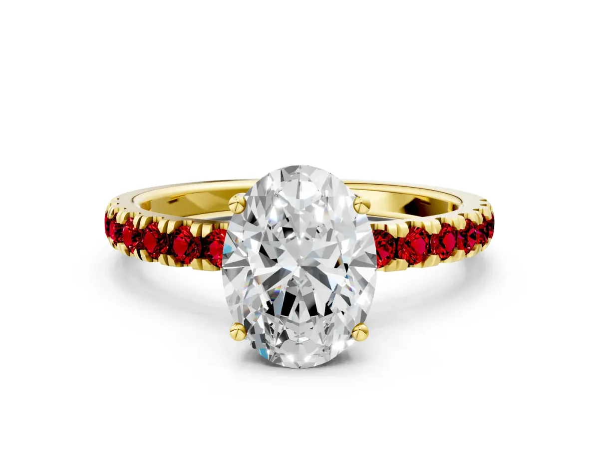 Oval Cut Diamond Pave Band Solitaire Ring with Round Ruby and Prong Setting Yellow gold