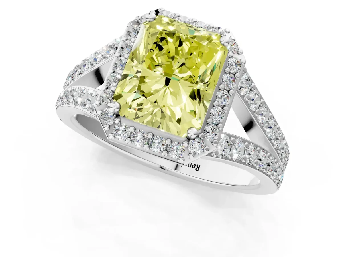 Fancy Yellow Radiant Cut Diamond Split Shank Halo Ring with Four-Prong Setting Platinum