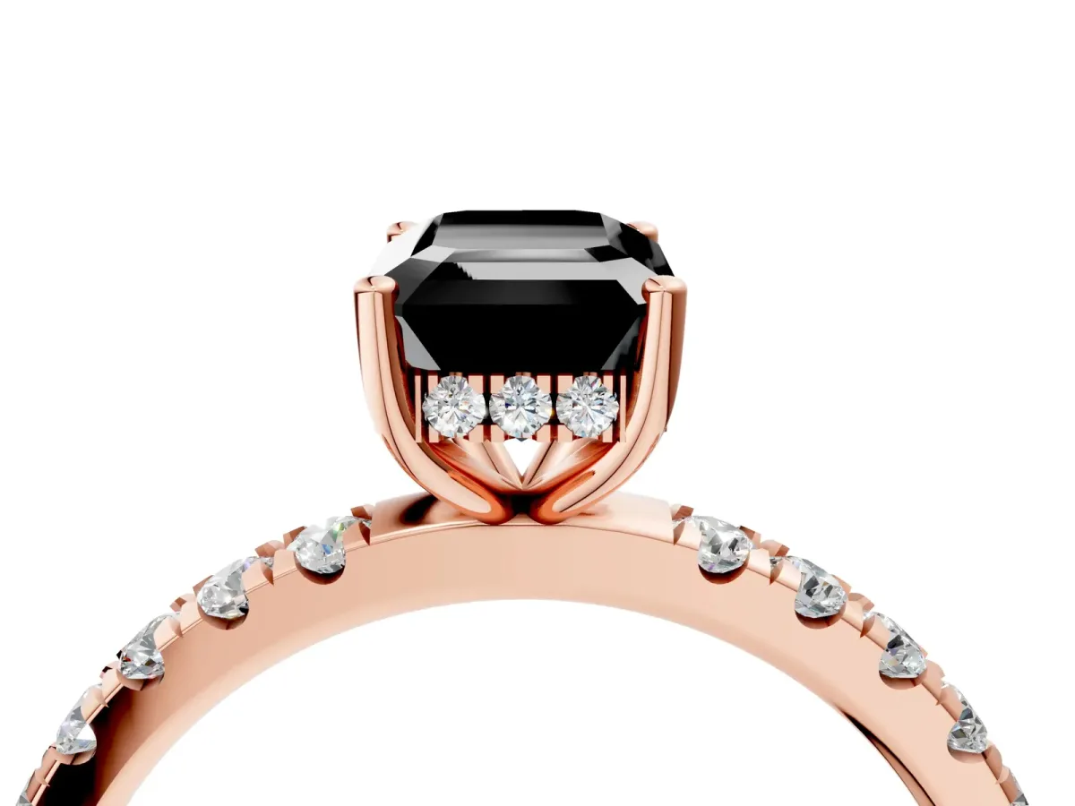 Fancy Black Emerald Cut Diamond Pave Band Solitaire Ring with Round and Prong Setting Rose gold