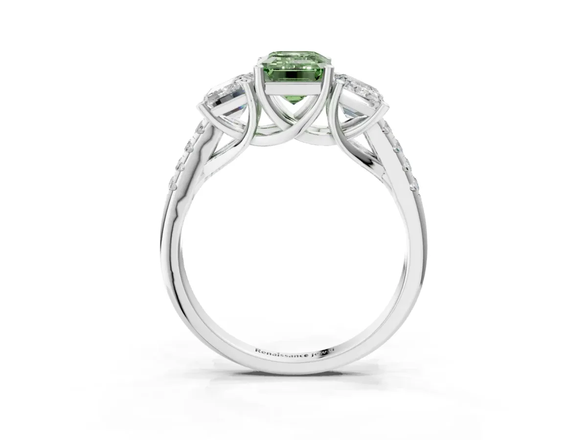 Fancy Green Three-Stone Emerald Cut Diamond Ring with Round Pavé Band and Prong Setting Silver