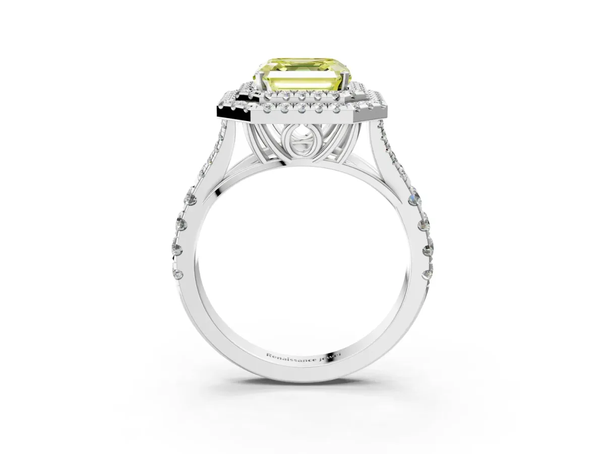 Fancy Yellow Asscher Cut Diamond Double Halo Ring with Split Shank and Prong Setting Silver