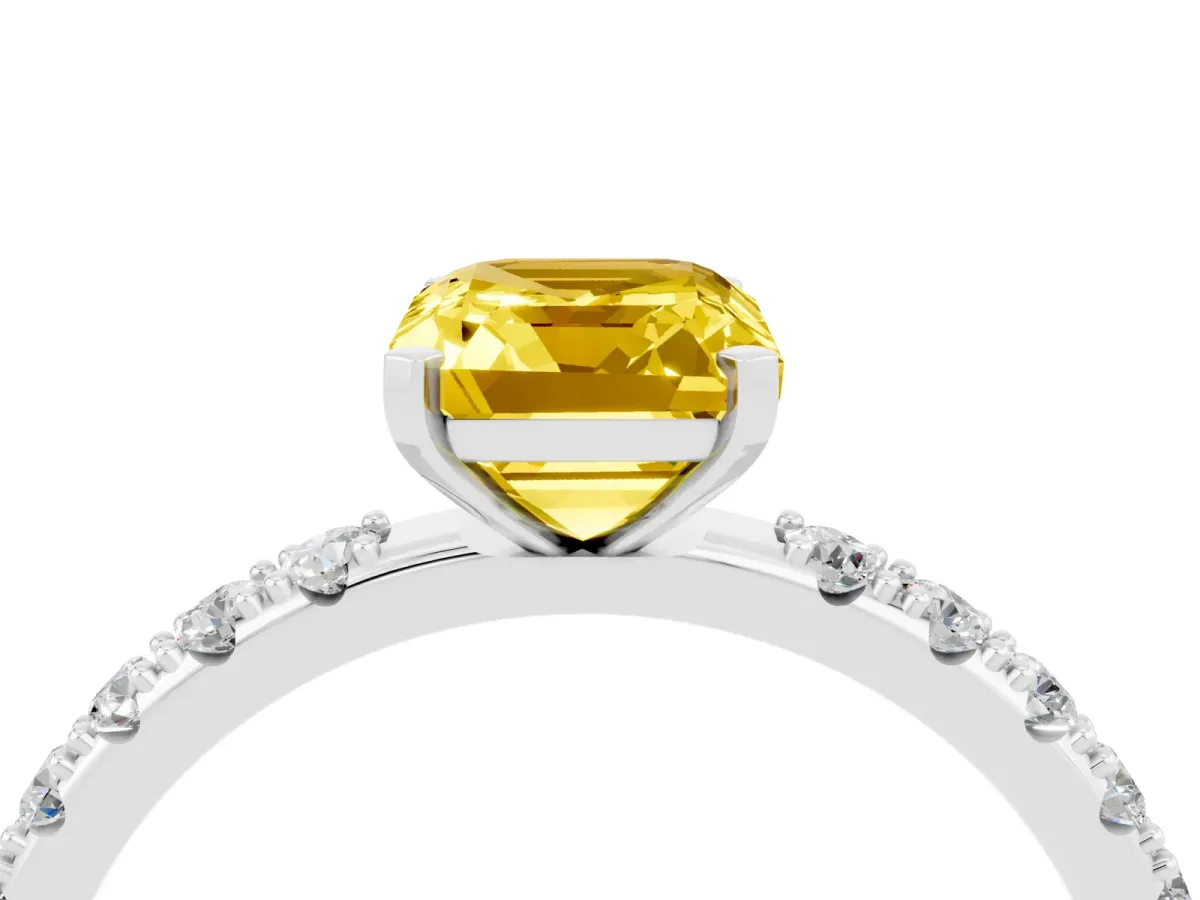 Emerald Cut Yellow Sapphire Solitaire Pavé Band with Four-Prong Setting Platinum