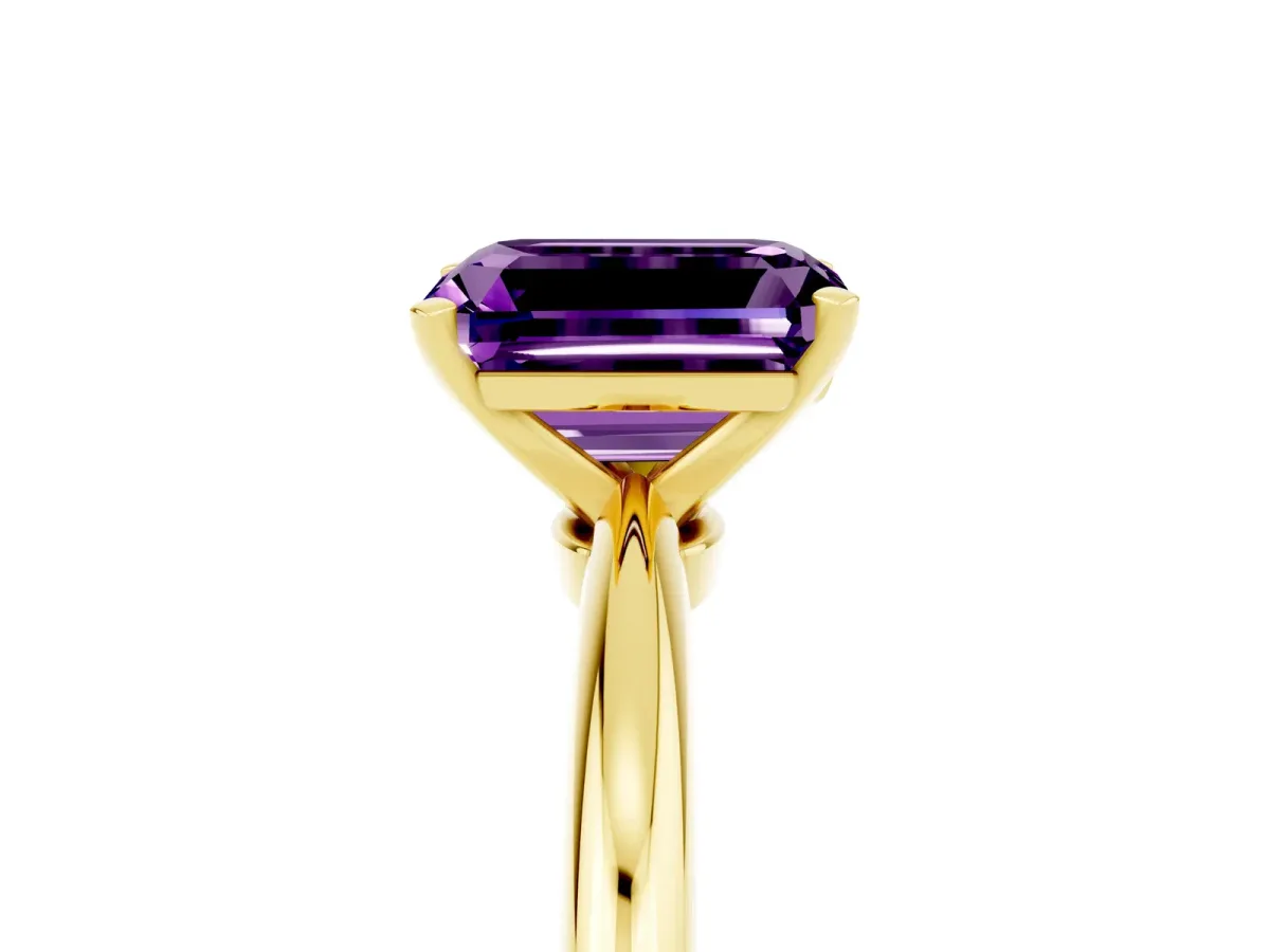 Emerald Cut Amethyst Solitaire Ring with Six-Prong Setting and Classic Band Yellow gold