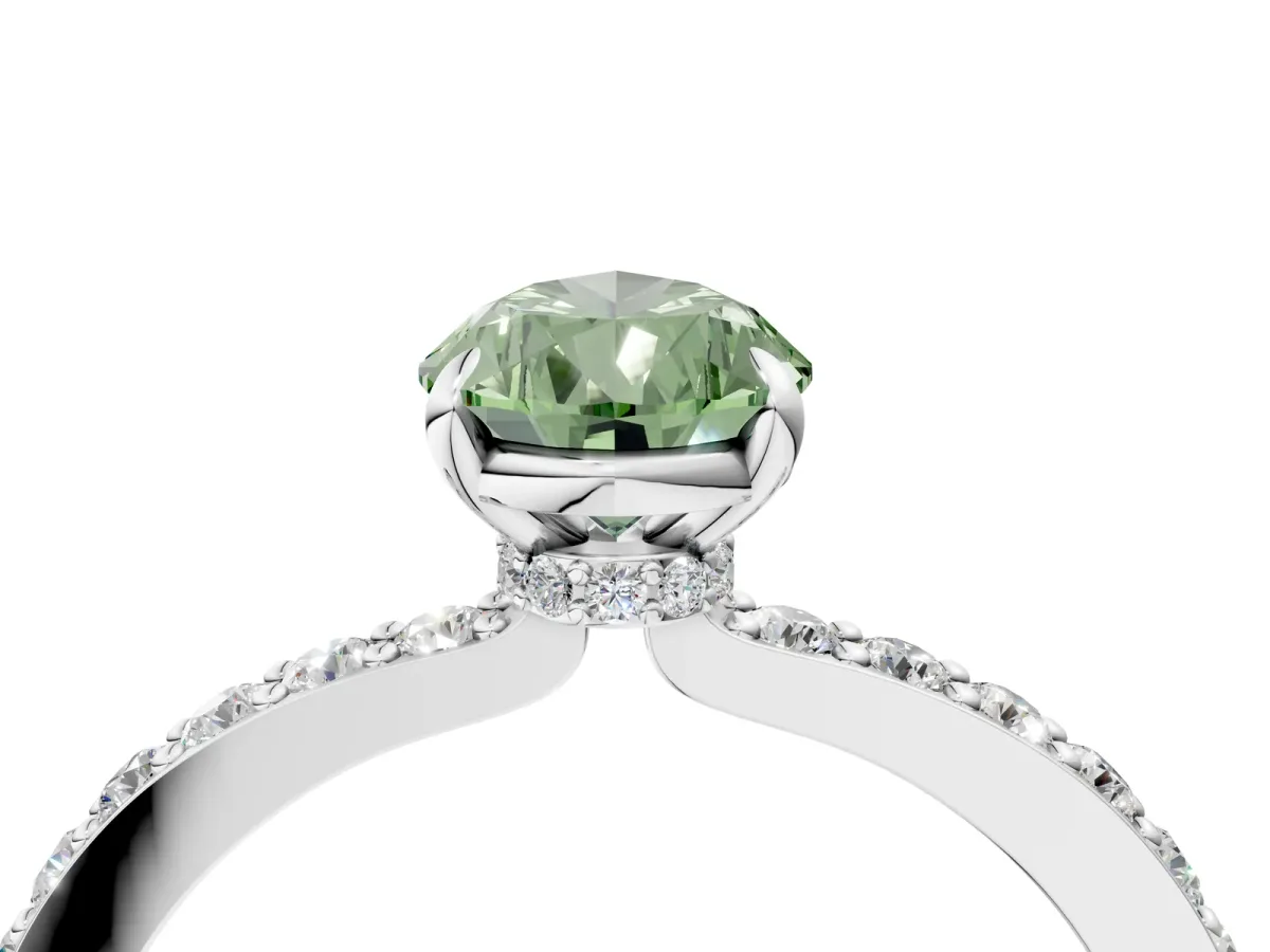 Fancy Green Pear Cut Diamond Solitaire Engagement Ring with Pavé Band and Four-Prong Setting Silver