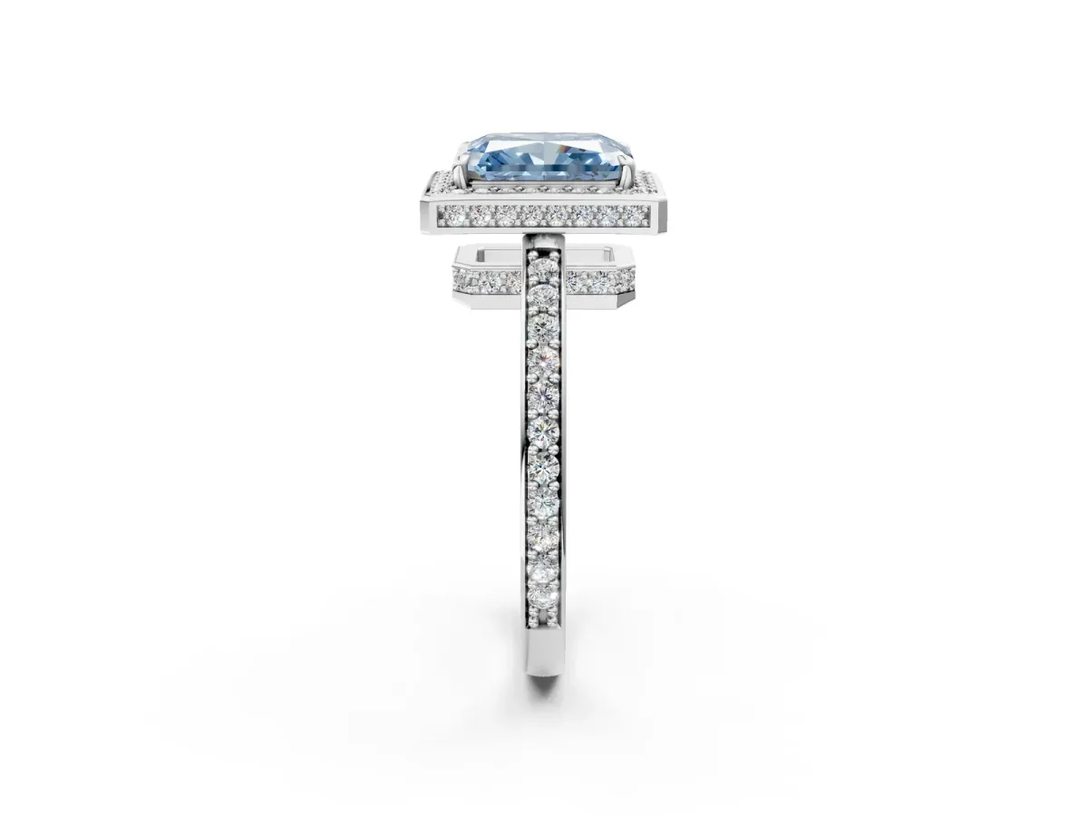 Fancy Blue Radiant Cut Halo Pave Band Solitaire Ring with Prong Setting Platinum