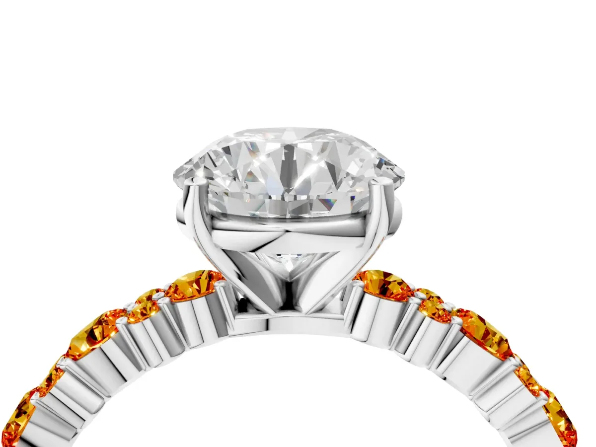 Round Cut Diamond Side Stone Solitaire Ring with Round Citrine and Four-Prong Setting White gold