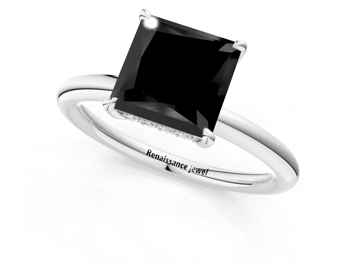 Fancy Black Princess Cut Diamond Solitaire Ring with Thin Band and Four-Prong Setting White gold