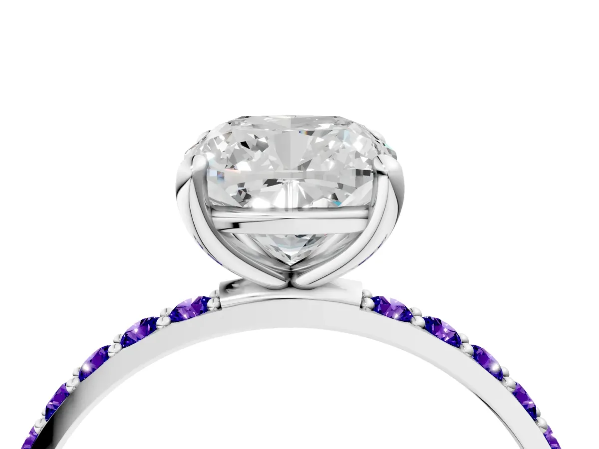 Cushion Cut Diamond Solitaire Ring with Round Tanzanite Pavé Band and Prong Setting Silver