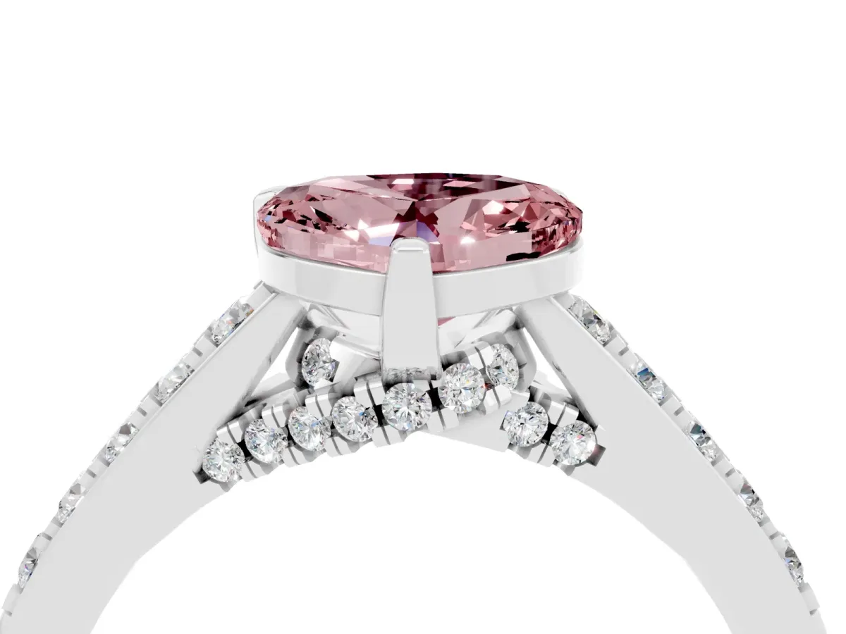 Heart Cut Morganite Solitaire Ring with Crossover Gallery and Round Pavé Band Silver