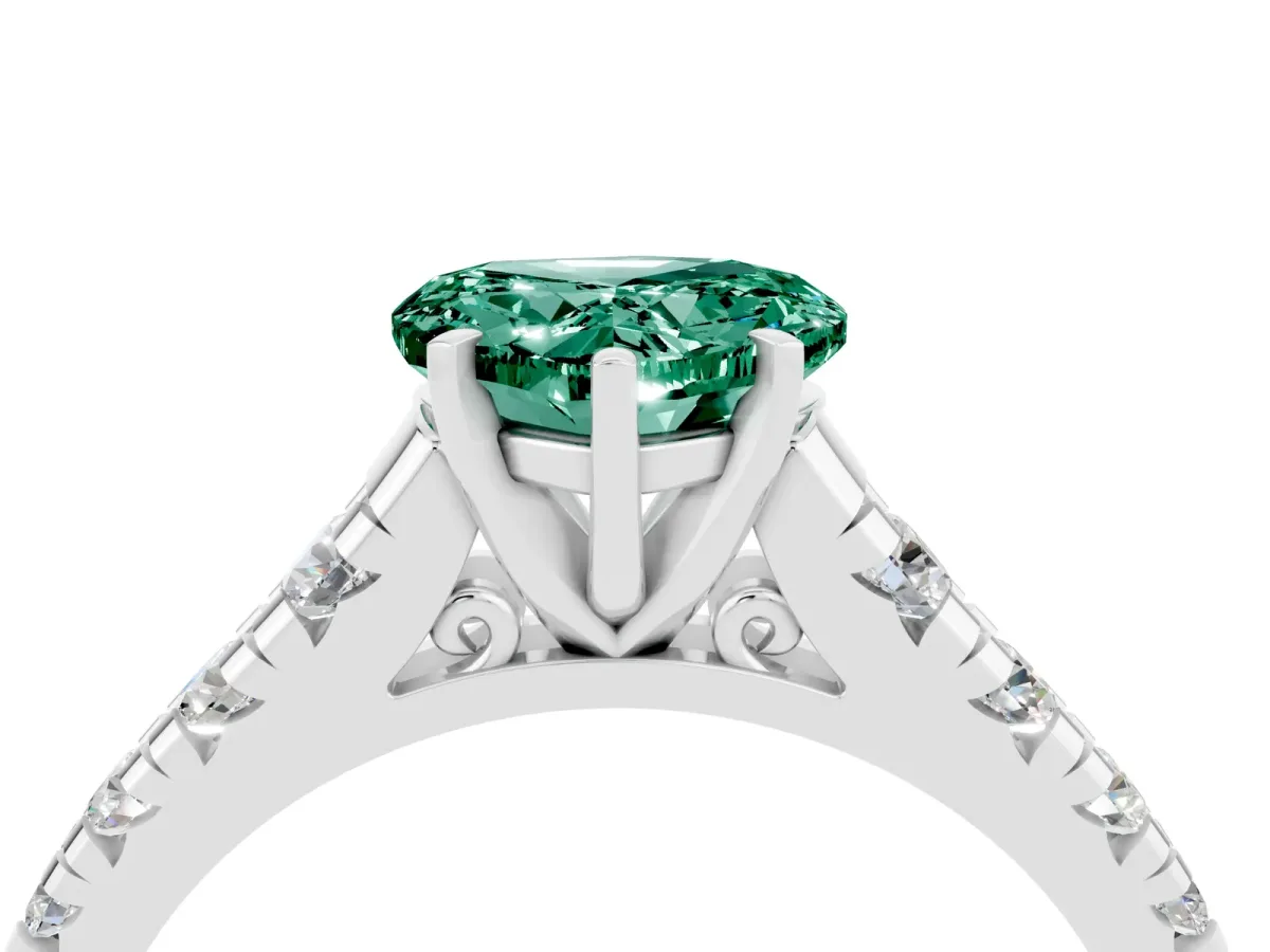Heart Cut Green Sapphire Cathedral Solitaire Ring with Round Pavé Band Silver