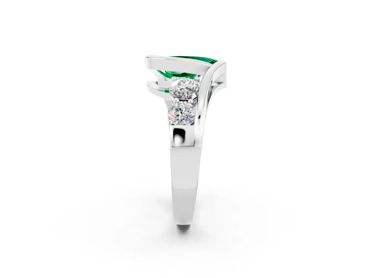 Bezel Set Pear Cut Emerald Bypass Ring with Round Accents Silver