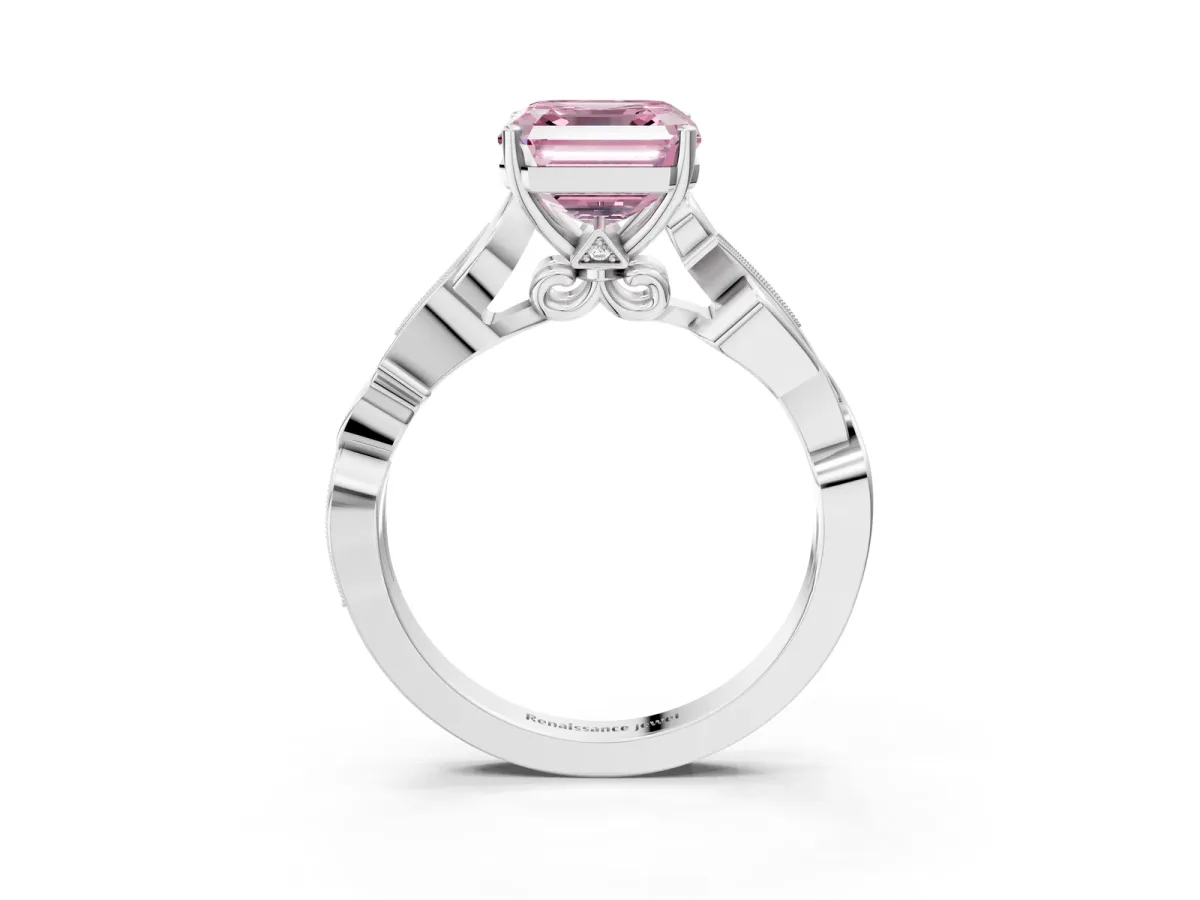 Fancy Pink Asscher Cut Solitaire Vine Band with Milgrain Prong Setting Platinum