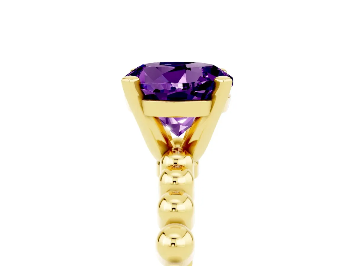 Round Cut Amethyst Solitaire Ring with Beaded Band and Prong Setting Yellow gold