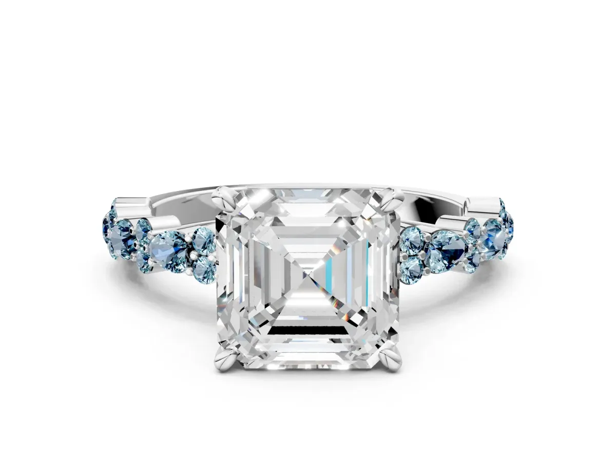 Asscher Cut Diamond Side Stone Solitaire Ring with Round Aquamarine and Four-Prong Setting Silver