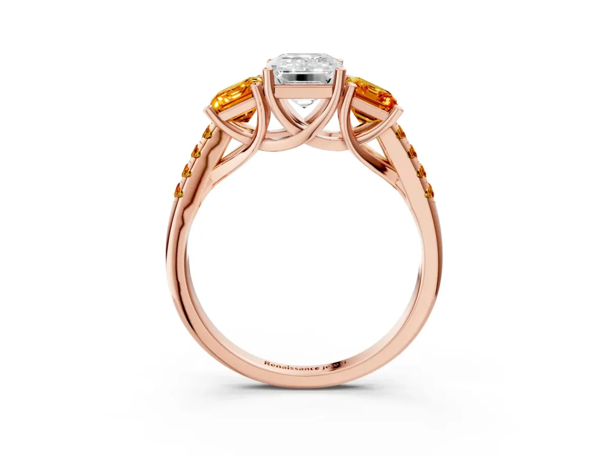 Three-Stone Emerald Cut Diamond Ring with Round Citrine Pavé Band and Prong Setting Rose gold