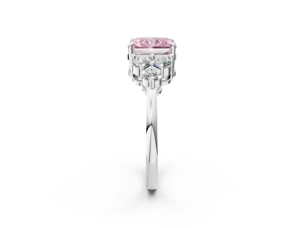 Fancy Pink Radiant Cut Brilliant Diamond Cluster Accent Solitaire Ring with Prong Setting Platinum