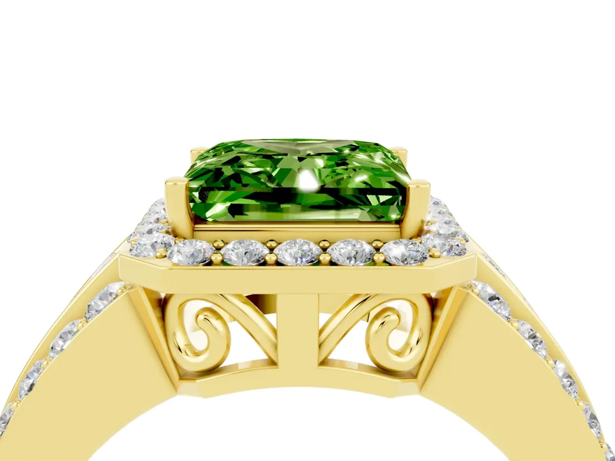 Princess Cut Halo Peridot Ring with Round Split Shank and Prong Setting Yellow gold