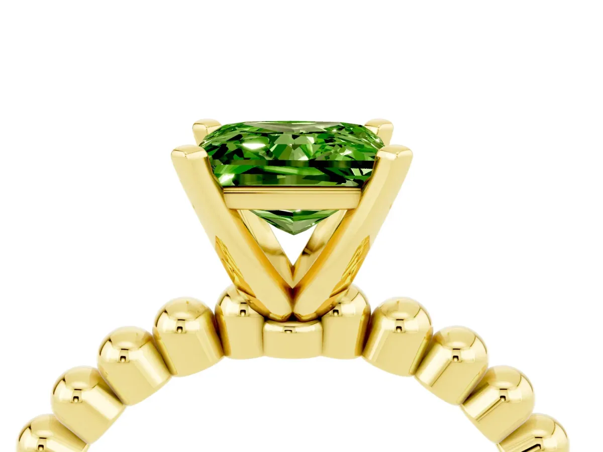 Princess Cut Peridot Solitaire Ring with Beaded Band and Prong Setting Yellow gold