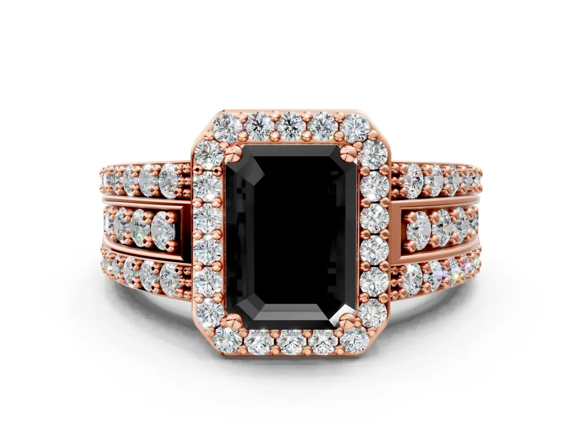 Fancy Black Emerald Cut Halo Diamond Ring with Round Split Shank and Prong Setting Rose gold