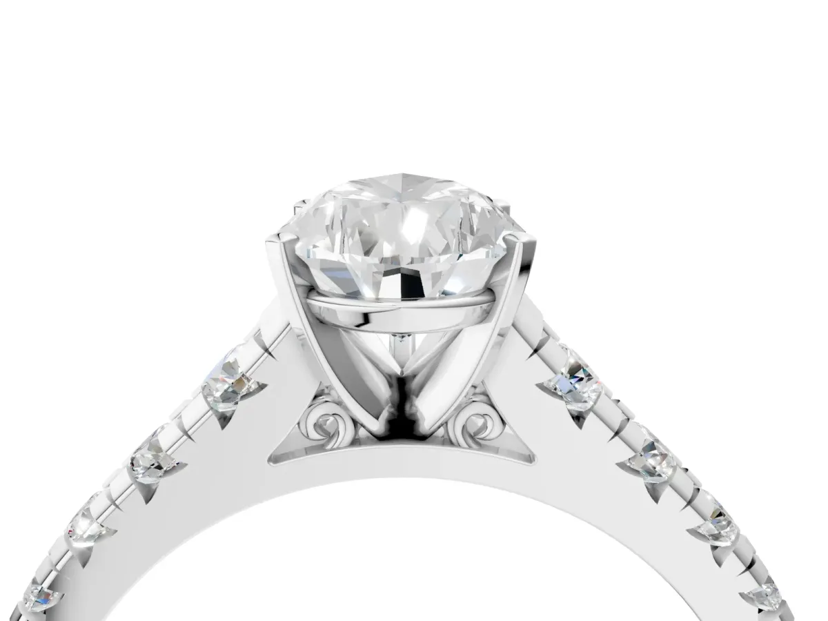 Pear Cut Diamond Cathedral Solitaire Ring with Round Moissanite Pavé Band Silver