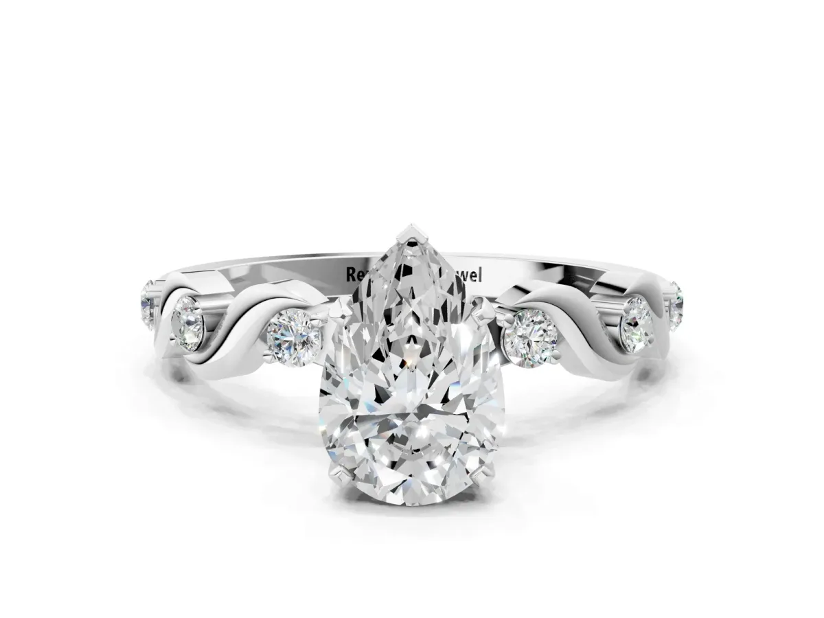 Pear Cut Diamond Solitaire Twisted Band with Round Accents and Prong Setting Silver