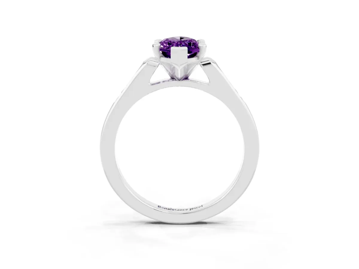 Marquise Cut Amethyst Solitaire Ring with Channel Set Round Band and Prong Setting Silver