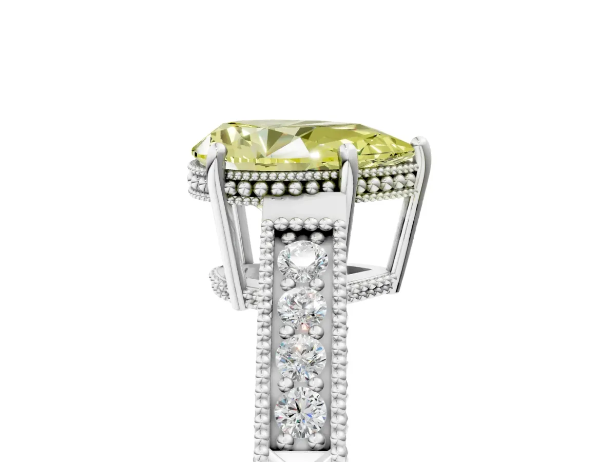 Fancy Yellow Pear Cut Diamond Ring with Milgrain Pavé Band and Four-Prong Setting Platinum